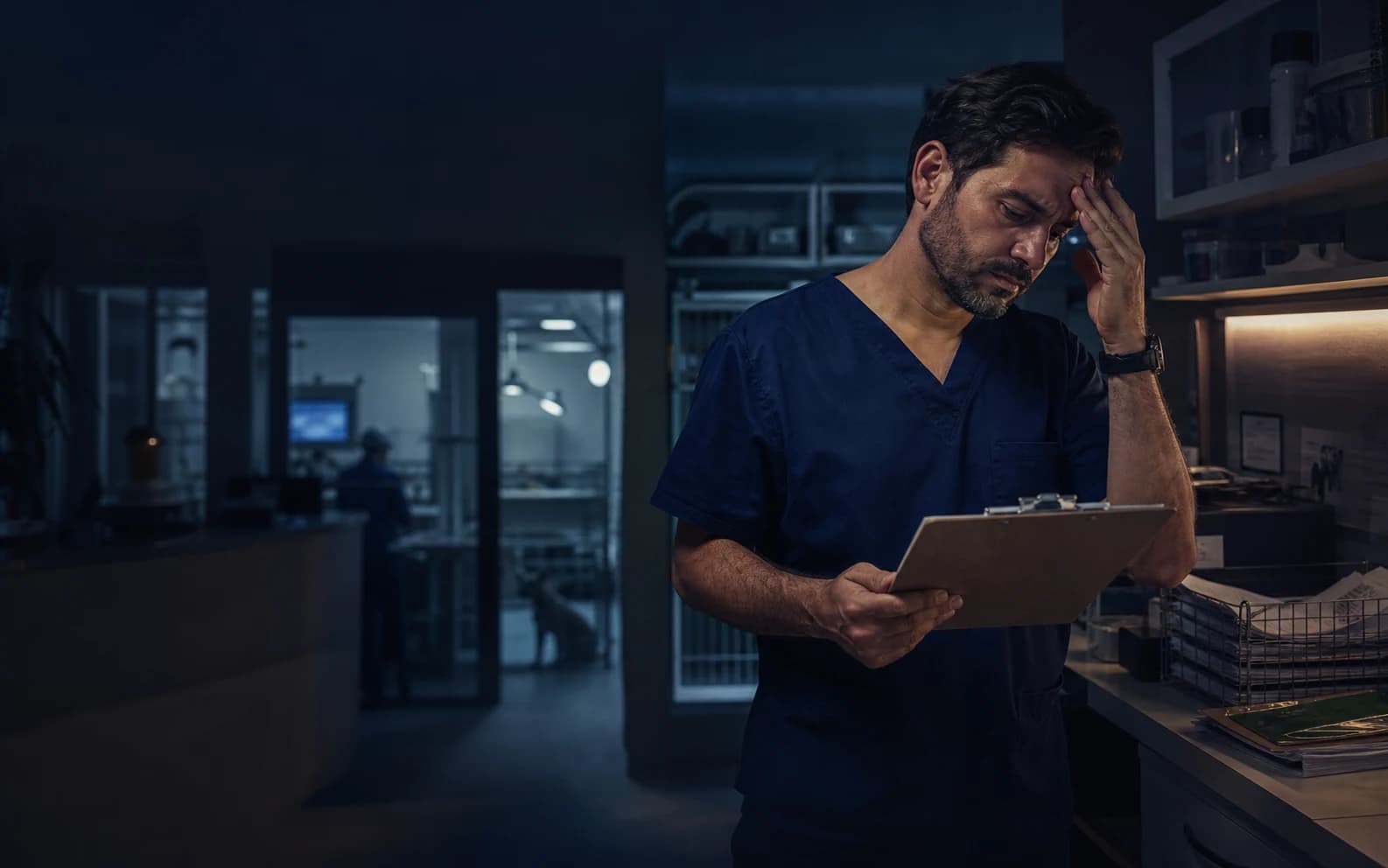 Gestor veterinário sobrecarregado analisando processos ao final de um plantão