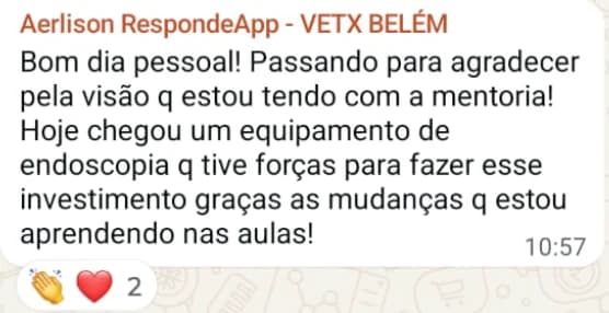 Mensagem de mentorado sobre o investimento em equipamento de endoscopia após as aulas