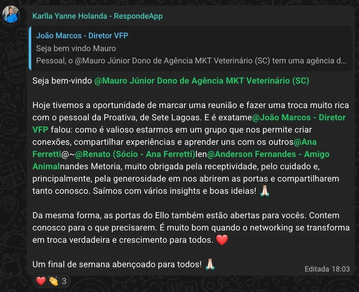Mensagem de Karlla Yanne sobre networking e troca de experiências entre participantes