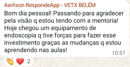 Mensagem de mentorado agradecendo pelas aulas e contando sobre o investimento em equipamento de endoscopia